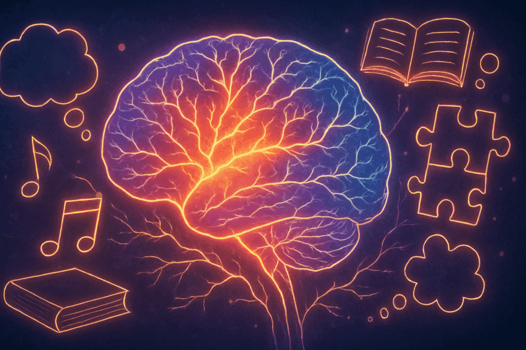 Glowing human brain with branching neural pathways surrounded by musical notes, books, and puzzles symbolizing neuroplasticity and how to protect your brain from damage.