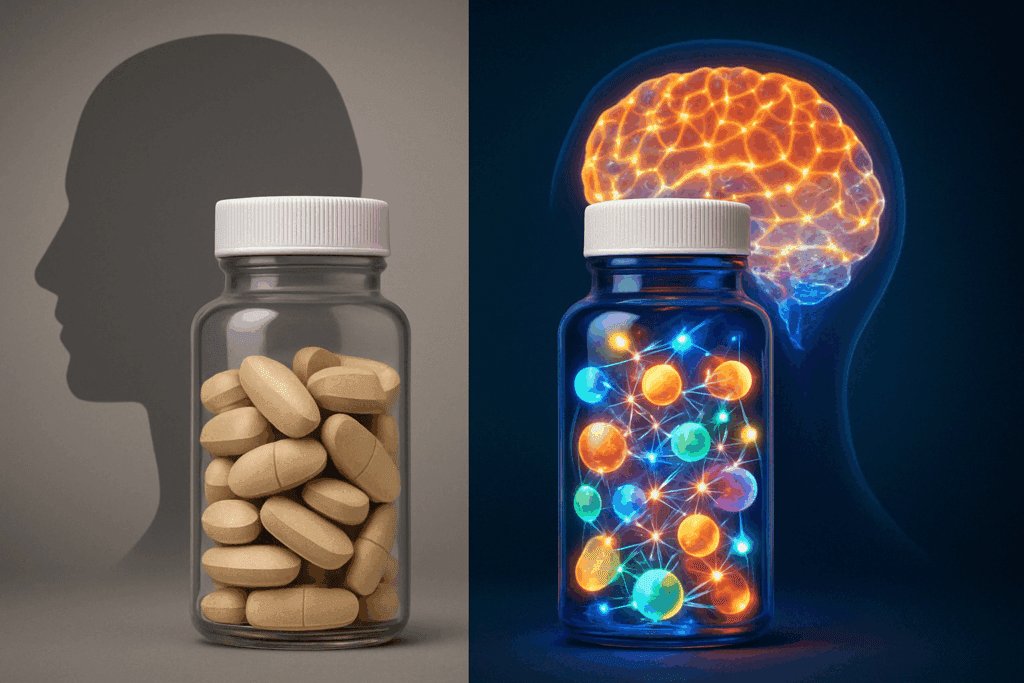 "Visual comparison between a generic supplement and the best multi vitamin for memory, featuring a vibrant neural-themed bottle beside a standard pill bottle and split human silhouettes."