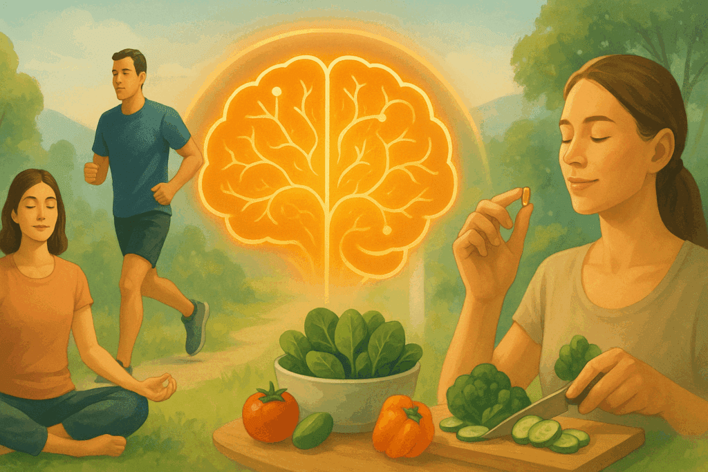 Balanced lifestyle collage with a glowing brain at the center, showing meditation, outdoor exercise, healthy cooking, and supplement use—symbolizing the best multi vitamin for memory and cognitive wellness.