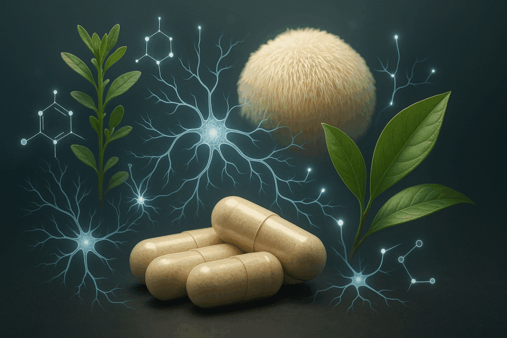 "Brain Savior supplement capsules surrounded by Bacopa Monnieri, Lion’s Mane mushroom, and green tea leaves linked by glowing neural pathways"
