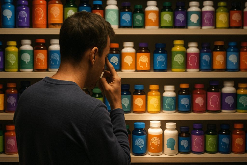 Adult shopper browsing supplement aisle, looking overwhelmed by colorful bottles while deciding on the best brain supplements for adults.