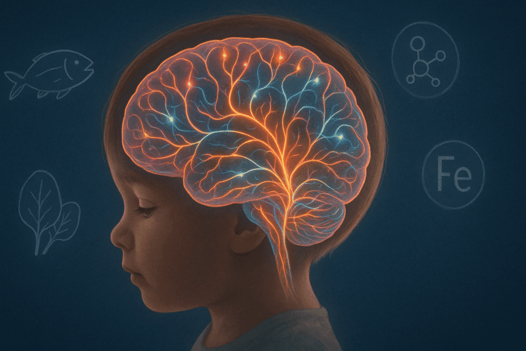 "Neural pathways lighting up in a child’s brain surrounded by illustrations of omega-3s, B-vitamins, and iron, symbolizing the best vitamins for child brain development."