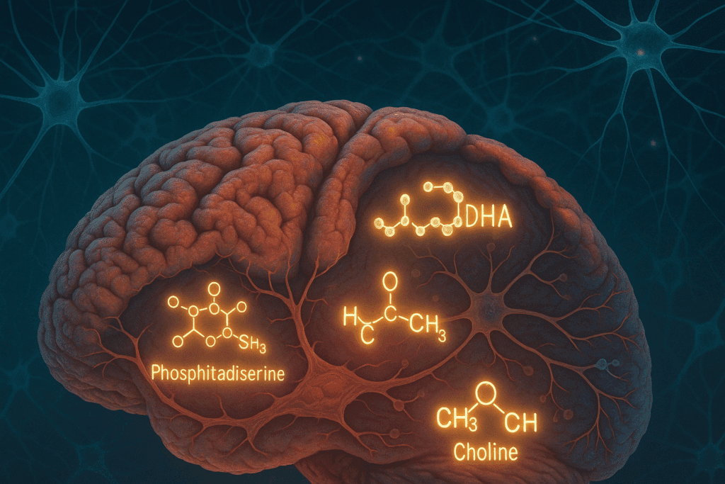 "Cross-section of animal brain tissue showing nutrients like DHA, B12, choline, and phosphatidylserine, exploring can we eat brain for cognitive benefits"