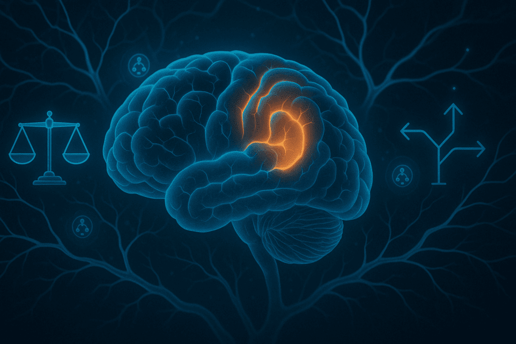 "Visual representation of human brain with highlighted prefrontal cortex, neural networks, decision-making icons, and dopamine particles—conceptualizing how Cerebra brain supplement may support cognitive function."