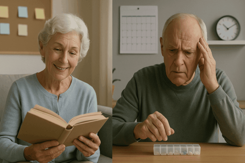 "Split-screen showing two seniors illustrating how to improve cognitive function in the elderly—one reading confidently, the other struggling to organize pills"