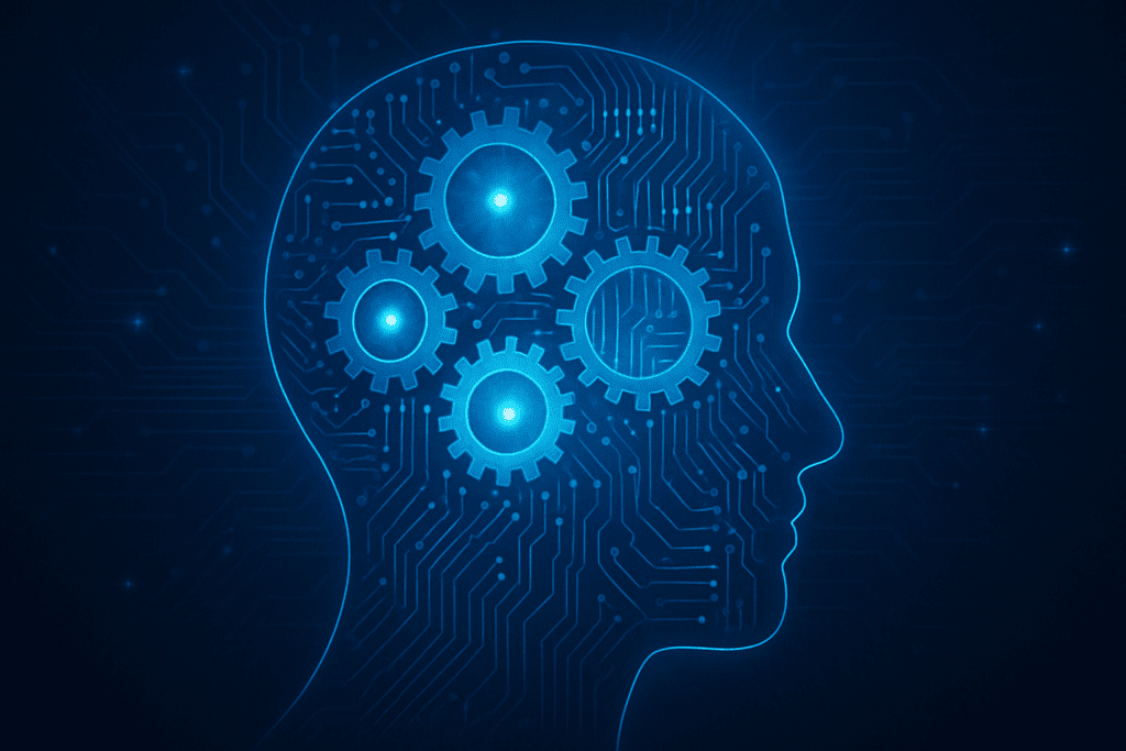 "Abstract human head made of glowing gears and circuitry representing cognitive health functions like memory, attention, and reasoning."
