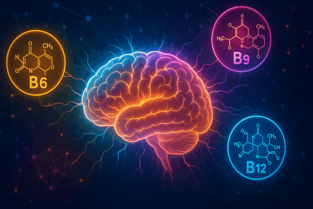 Glowing human brain surrounded by colorful vitamin B6, B9, and B12 molecules with radiant energy beams, symbolizing mental clarity and support from the Best Caffeine Free Energy Drinks.