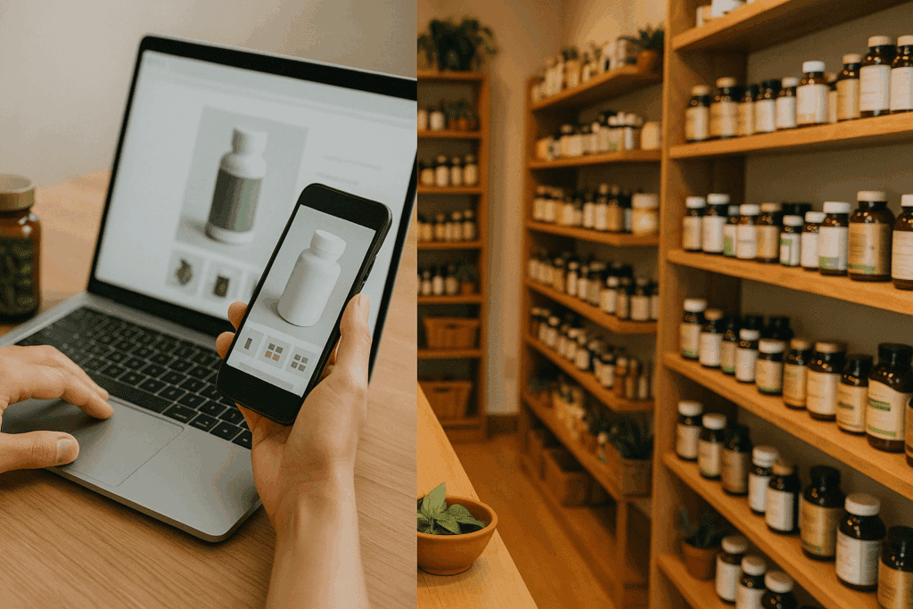 Side-by-side view of online supplement shopping and local herbal store to compare where to buy Bacopa Monnieri