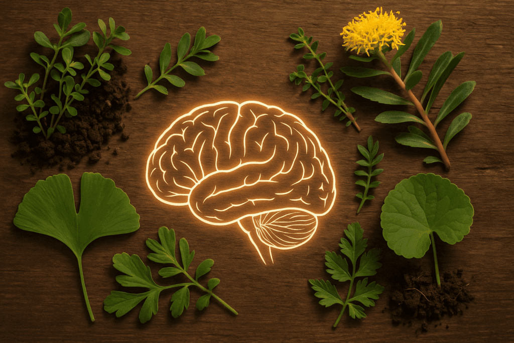 Selection of adaptogenic herbs including Bacopa and Ginkgo biloba placed around a glowing brain to represent the best herb for ADHD.