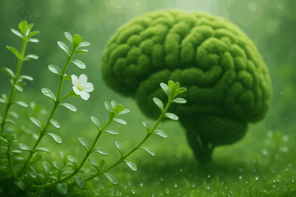 Bacopa monnieri plants growing in soft morning light, often used as the best herb for ADHD to improve focus and reduce stress.