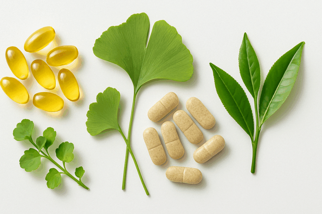 DHA softgels, B-vitamin tablets, ginkgo biloba leaves, bacopa monnieri, and green tea leaves—key ingredients in the best gummies for brain health.
