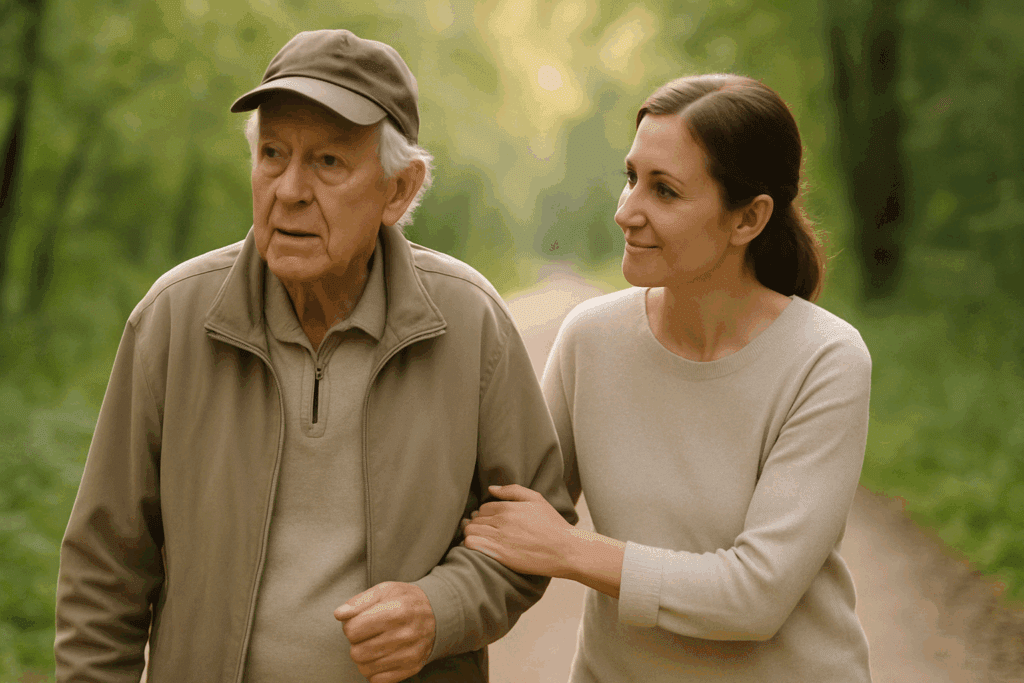 Middle-aged caregiver supporting an elderly man during a peaceful nature walk, reflecting emotional connection and the question: Does Donepezil Really Help with Dementia.