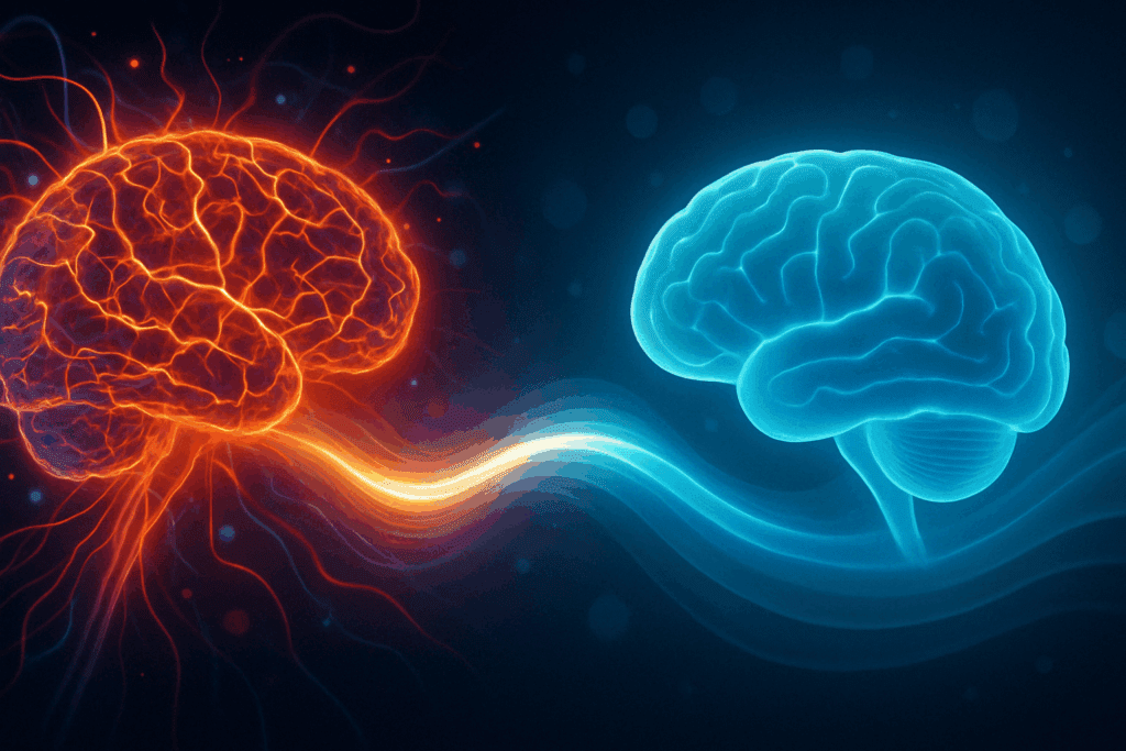 "Abstract visualization of the best GABA supplement for ADHD calming an overstimulated brain, with glowing energy connecting chaotic and focused brain states."