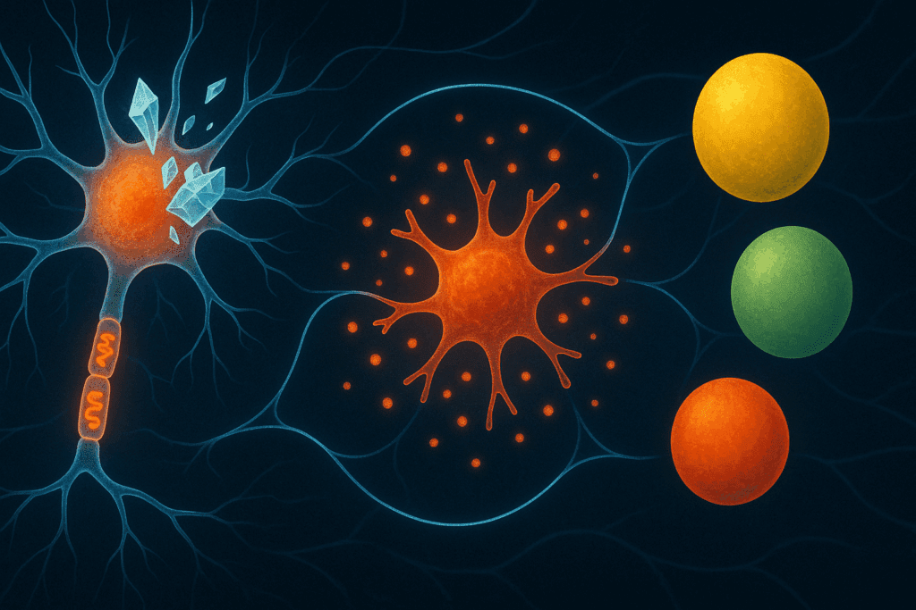 "Diagram of neural inflammation, calcium overload, and vitamin imbalance linked to how can too much vitamin D cause dementia"
