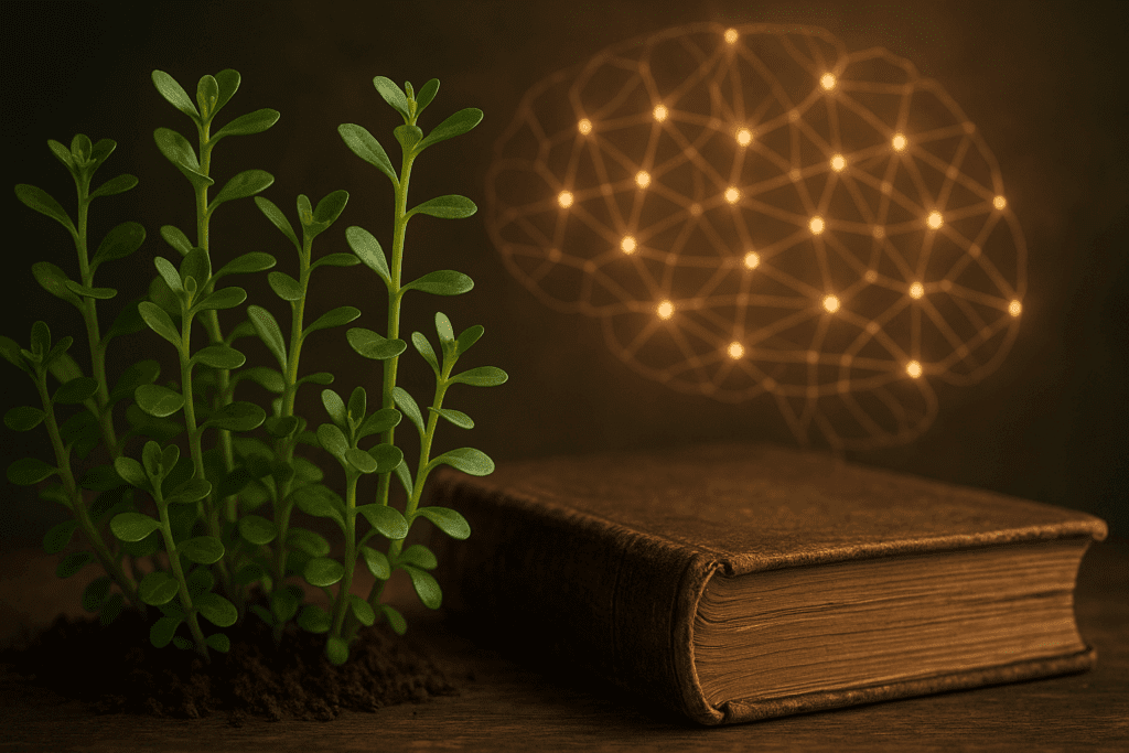 Botanical illustration of Bacopa monnieri with glowing neurons in the background, highlighting its role as the best herb for ADHD and memory enhancement.
