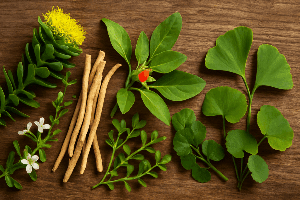 Close-up of a woman studying with herbal tea and supplements on her desk, highlighting lifestyle use of the best herb for ADHD.