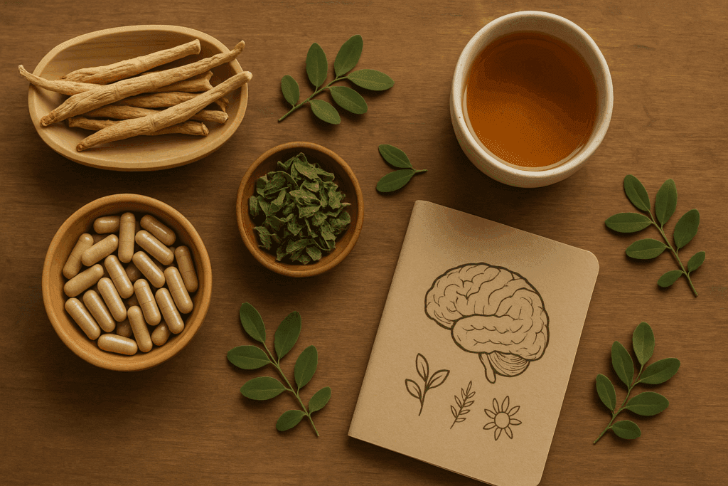 Top-view of adaptogenic herbs and calming tea representing natural support and the best herb for ADHD in daily routines