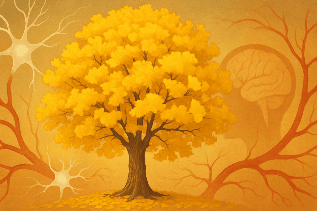 Golden Ginkgo biloba tree with bright fan-shaped leaves, used in the Top Science-Backed Herbs for ADHD in Women to support memory and word recall.
