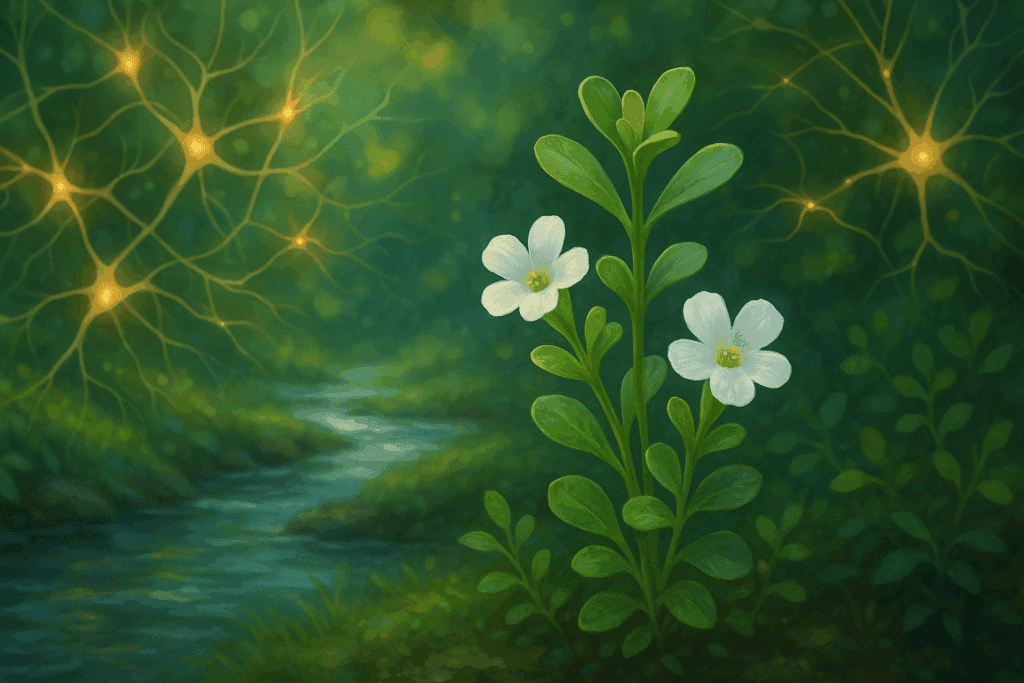 Close-up of Bacopa monnieri leaves near a tranquil stream, used in Ayurvedic medicine as the best herb for ADHD and memory enhancement.