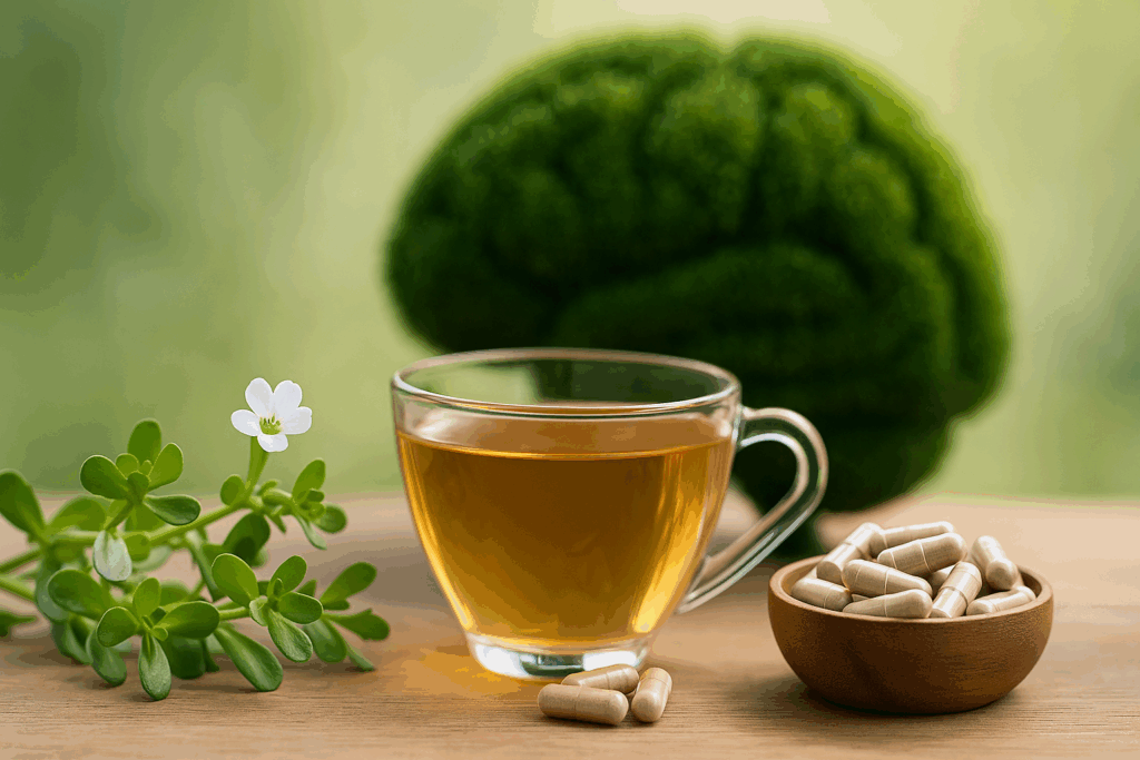 Woman meditating with herbs and brain icons in the background, symbolizing cognitive benefits of top science-backed herbs for ADHD in women.