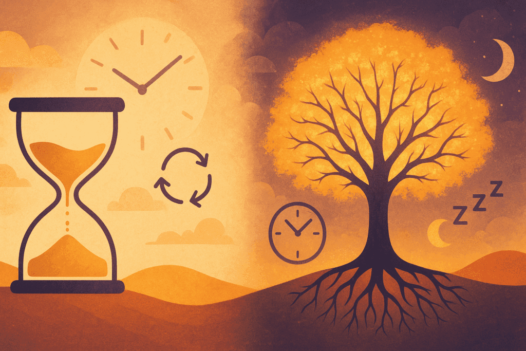 Concept image comparing short-term and long-term memory using clocks and deep-rooted trees to show how long does it take to memorize something.