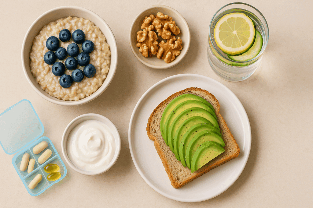 Overhead view of a healthy breakfast with oats, blueberries, avocado toast, yogurt, walnuts, lemon-cucumber water, and vitamins for a balanced mind boost day.