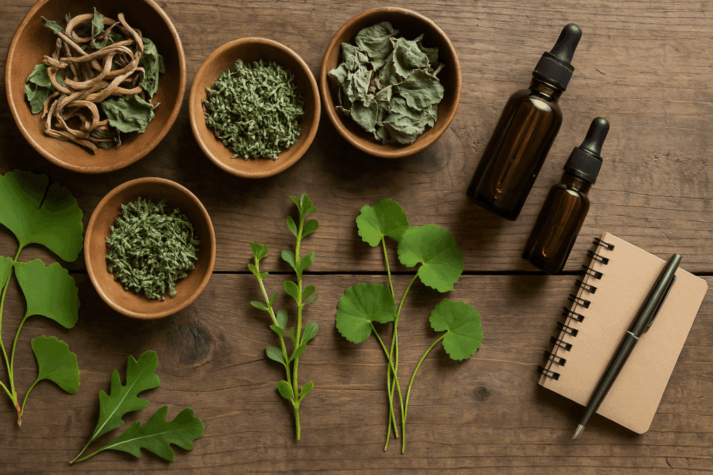Wooden table with Ginkgo, Bacopa, Gotu kola, and tinctures illustrating traditional use of the best herb for ADHD.