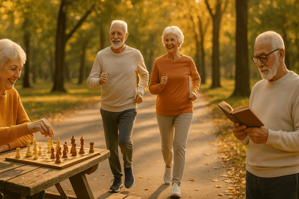 Elderly couple playing chess in a park, emphasizing brain activity and aging in the context of the meaning of forgetfulness.