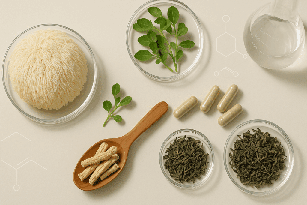 Mindhoney Reviews: flat-lay of lion’s mane mushroom, bacopa leaves, ashwagandha root, green tea, and capsules arranged with a clean, science-inspired aesthetic