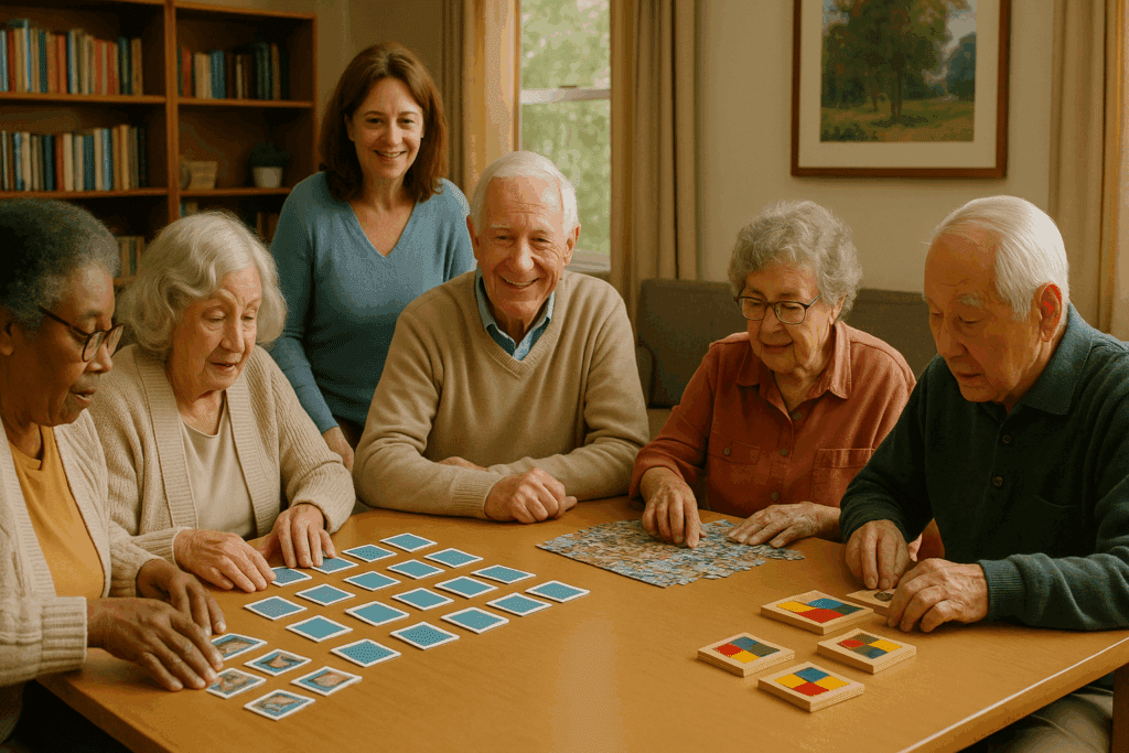 Group of seniors engaging in guided chair yoga session as part of daily memory care exercises