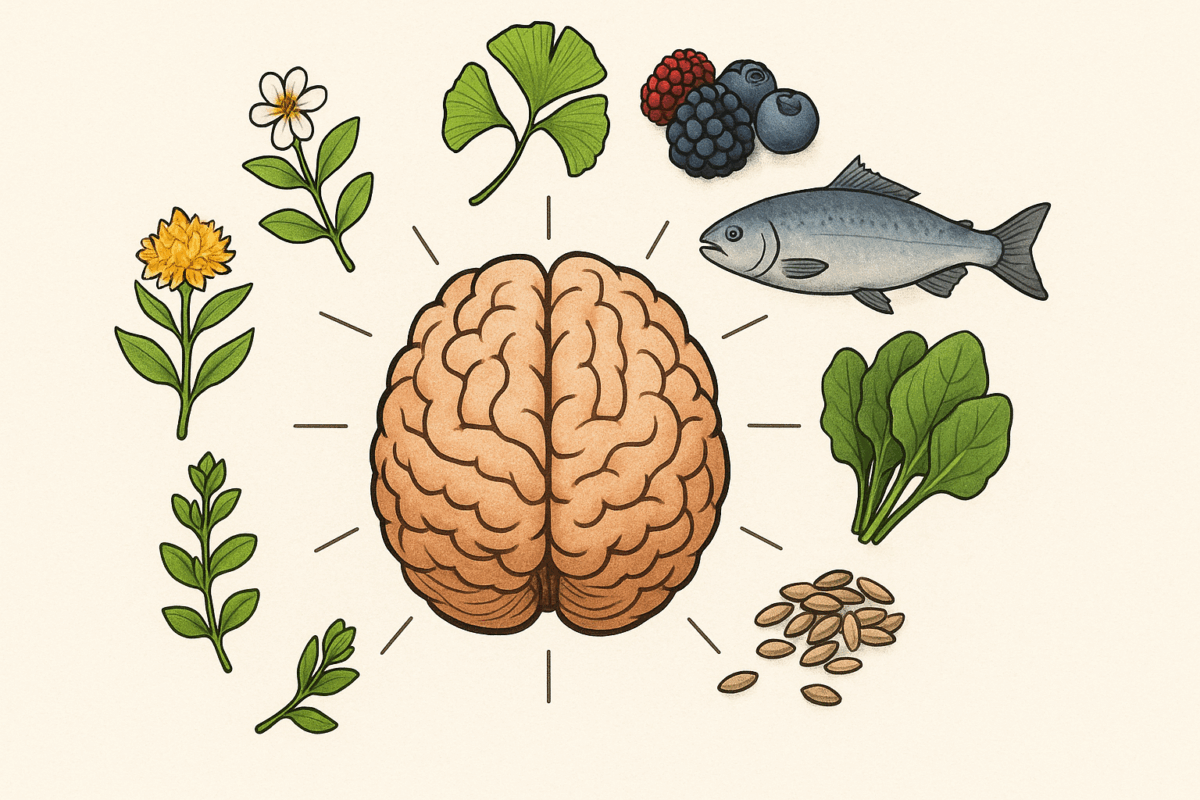 Fresh Bacopa, Ginkgo, and Rhodiola herbs displayed naturally as leading candidates for the best herb for ADHD and cognitive wellness
