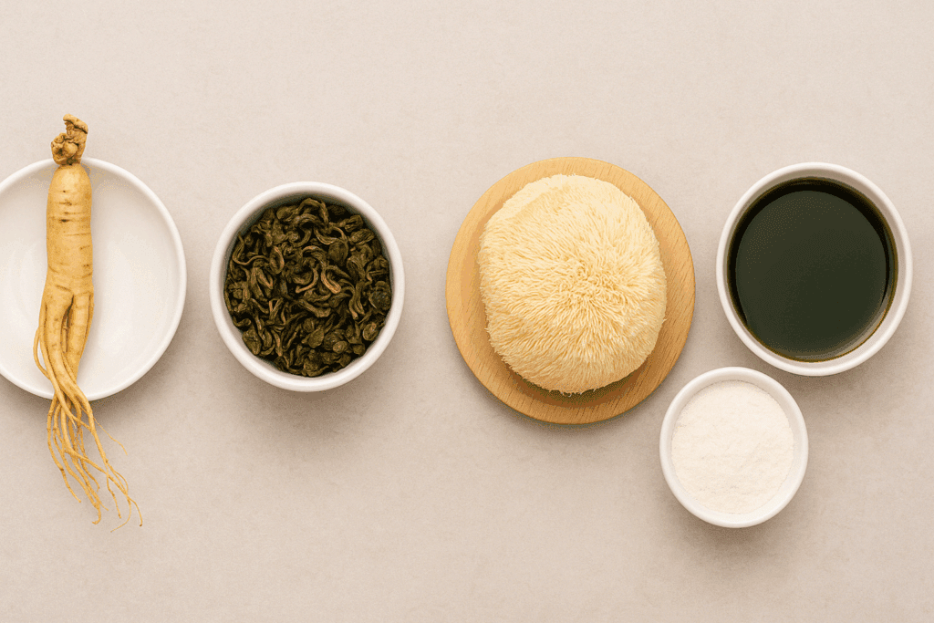 "Flat-lay of natural ingredients in ageless brain supplements, including ginseng root, green tea leaves, lion’s mane mushroom, L-theanine powder, and algae oil on a neutral background"