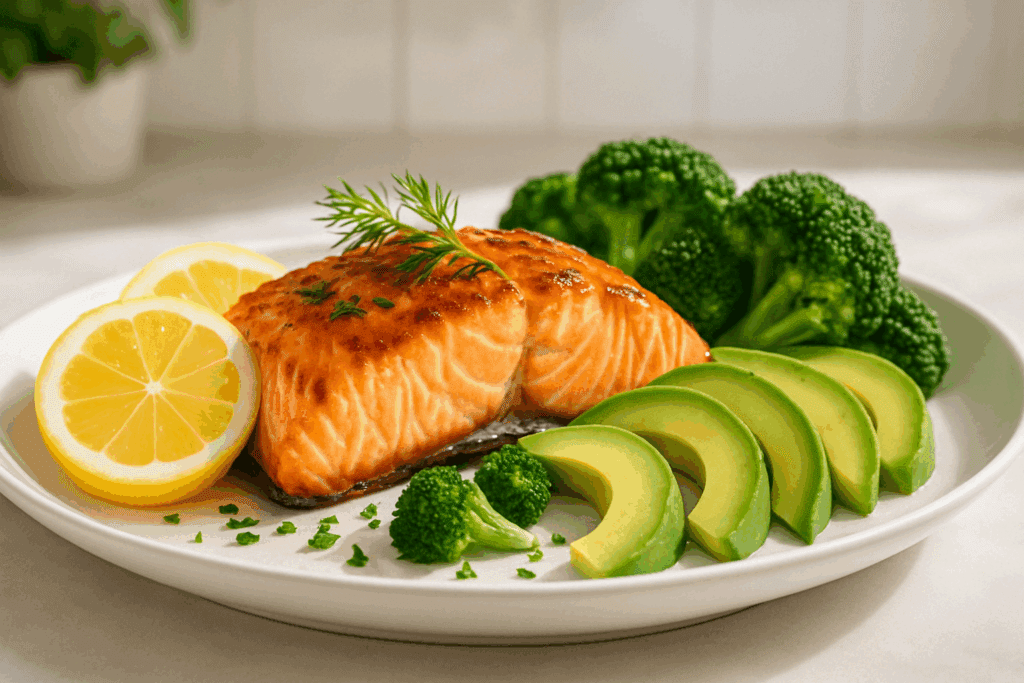 Grilled salmon fillet with herbs and vegetables, highlighting omega-3-rich foods that help the nervous system.