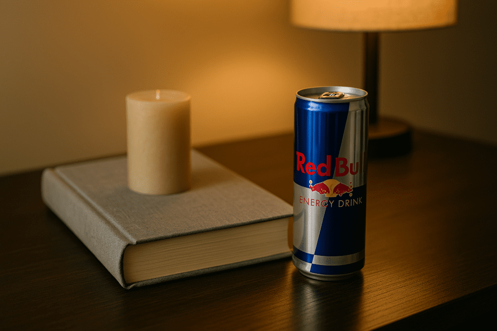 A hardcover book and a Red Bull can rest side by side on a dark wooden table under warm, ambient lamplight in a quiet room. The soft glow and intimate setup symbolize late-night overreliance on energy drinks and the health risks associated with mental overstimulation.