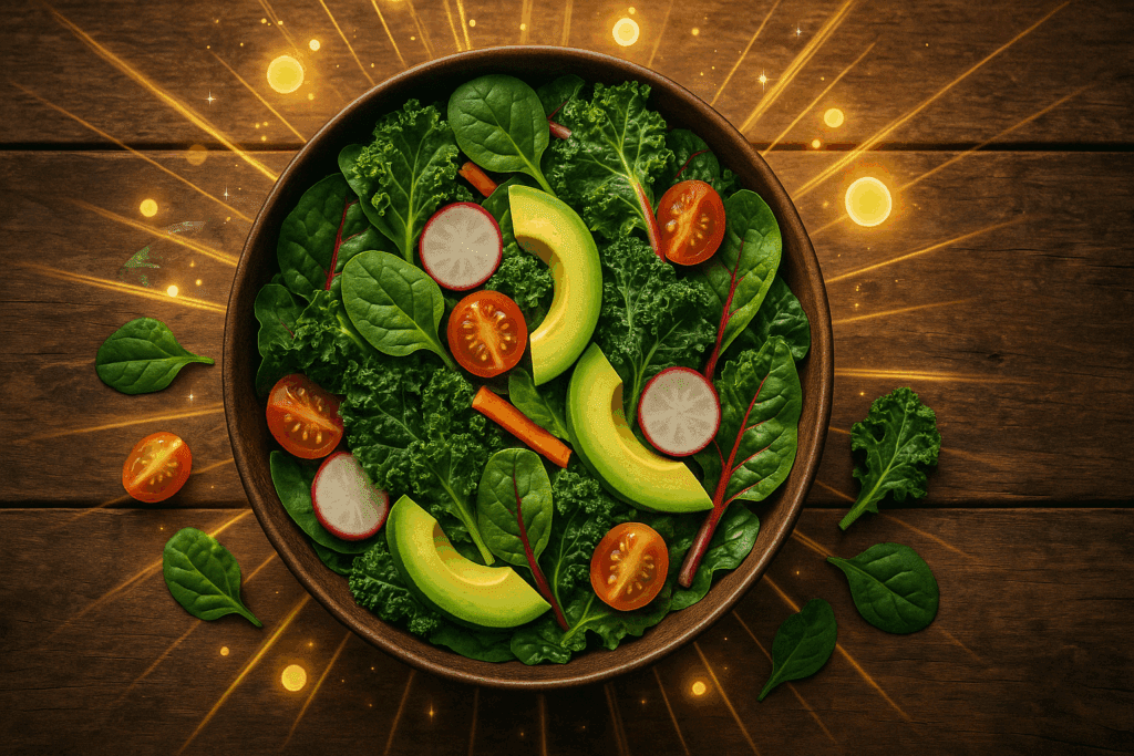 Spinach and kale salad with colorful vegetables, illustrating leafy greens as part of the top five foods for mental clarity