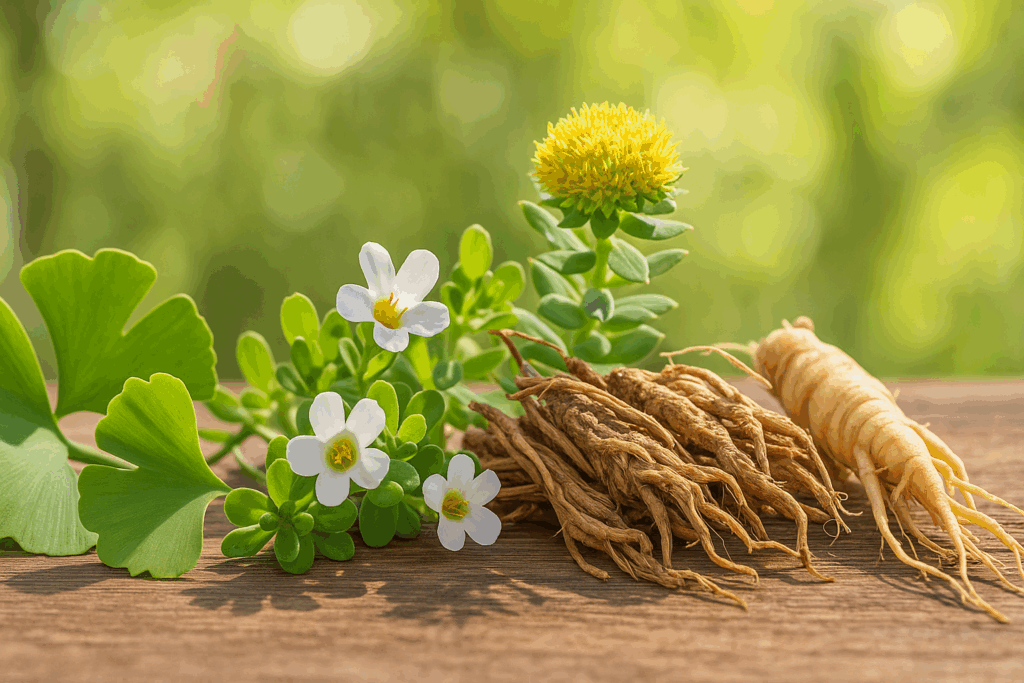 "Fresh Ginkgo leaves, Bacopa flowers, Rhodiola roots, and Panax ginseng displayed on a wooden table representing the best herb for ADHD"