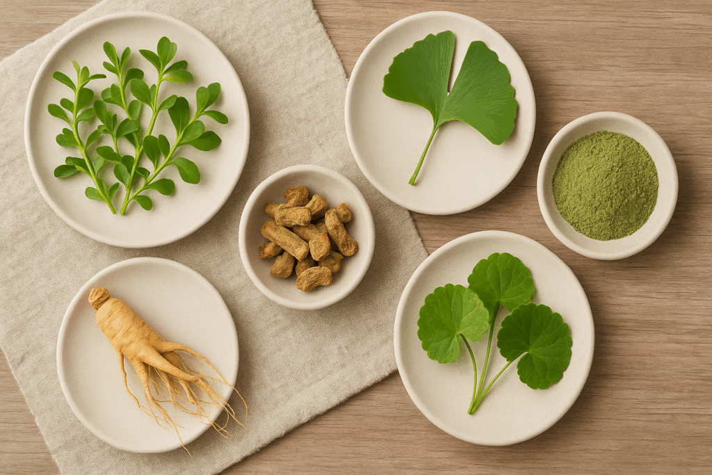 "Glass jars filled with the best herbs for ADHD, such as gotu kola and bacopa, displayed on a rustic kitchen counter"