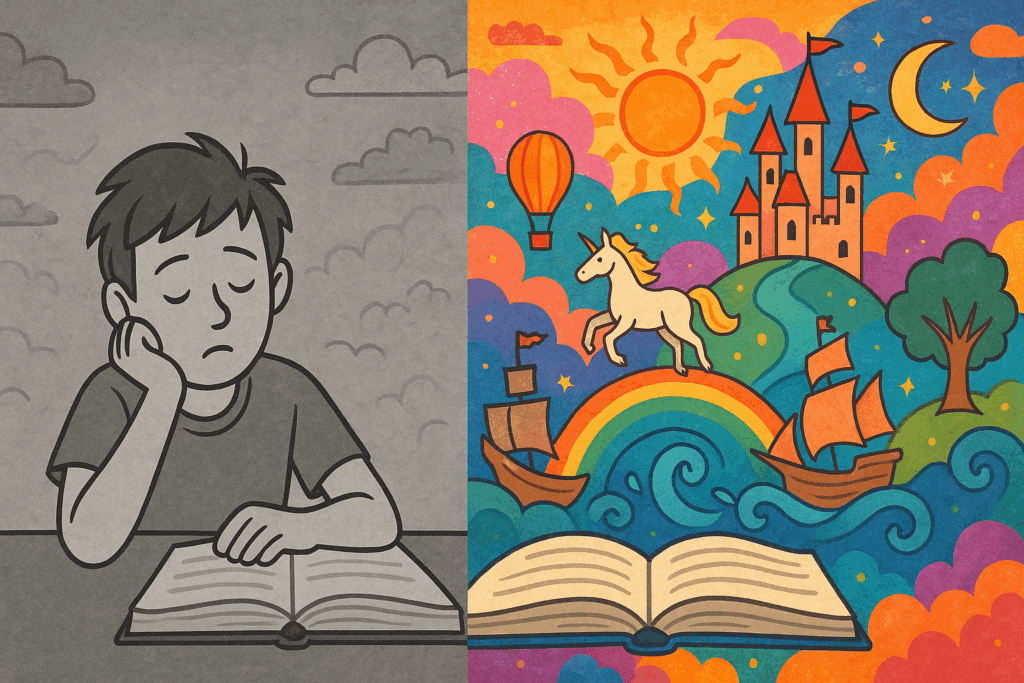 Student transforming dull textbook material into vivid mental imagery using the best study methods to retain information effectively