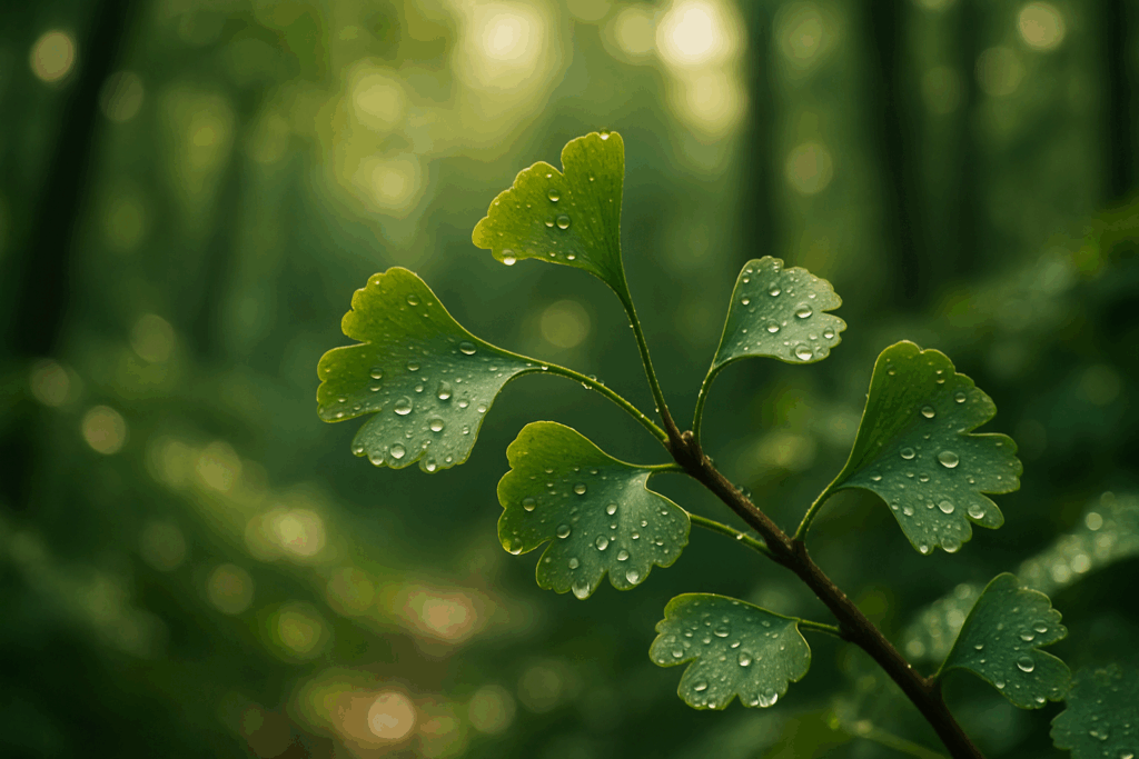 "Ginkgo biloba leaves shimmering with dew, highlighting natural focus remedies from Top Herbs for ADHD in Women"
