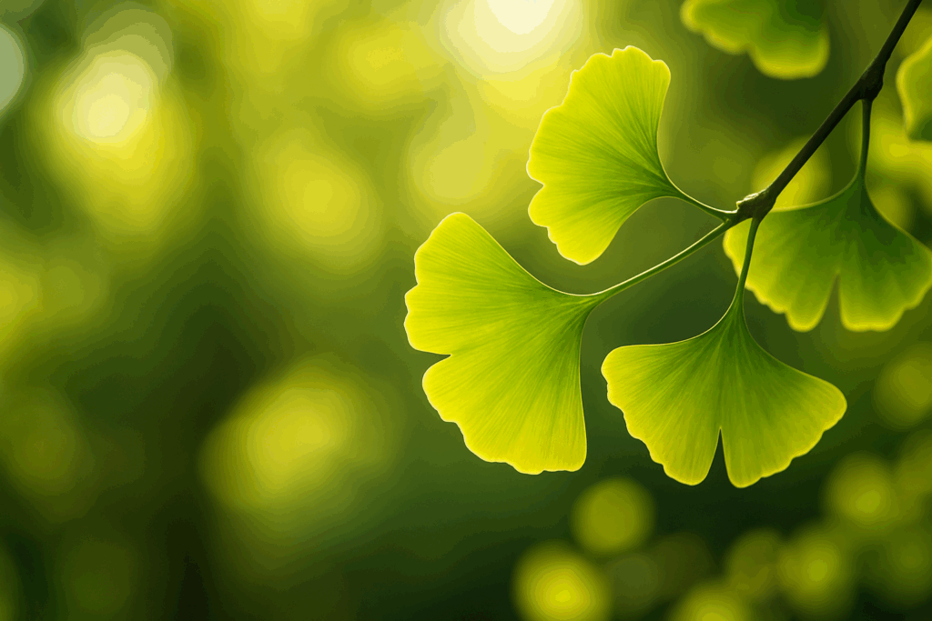 Fresh Ginkgo Biloba leaves, Bacopa Monnieri, Gotu Kola, and Rhodiola roots arranged naturally, illustrating Top Herbs for ADHD in Women.