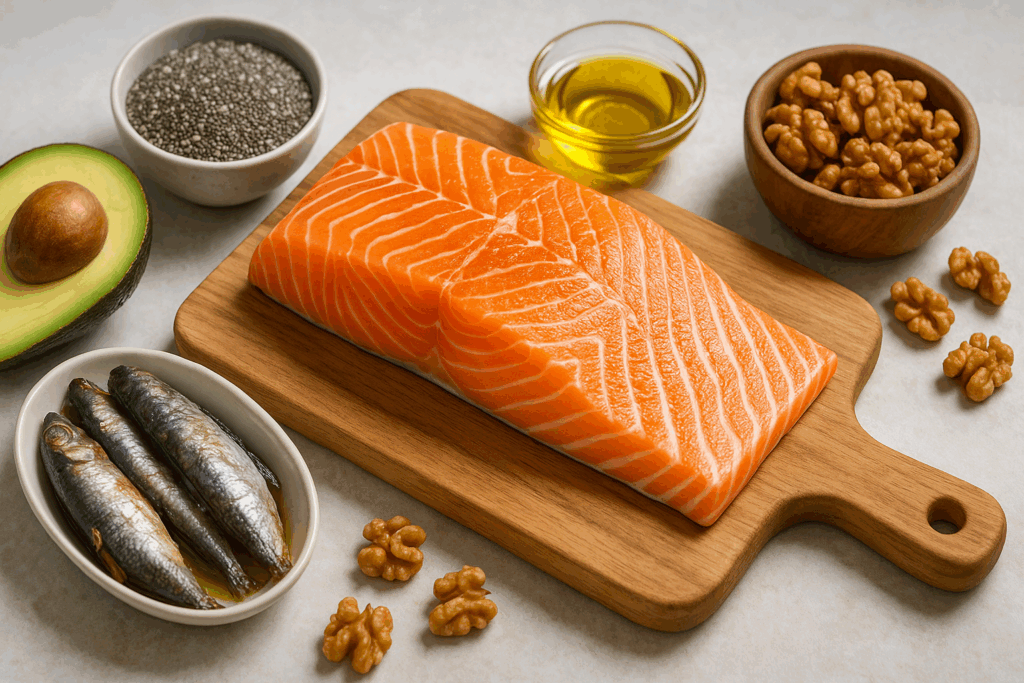 Illustration of a brain connected by nutritious foods like fish and spinach, boosting focus for evaluation decision making