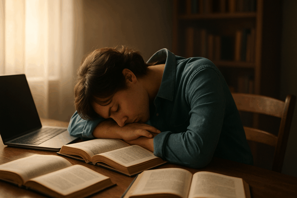 Person struggling with daytime drowsiness at a desk surrounded by open books and a laptop, symbolizing cognitive fatigue and hope, relating to NewMind Nootropics.