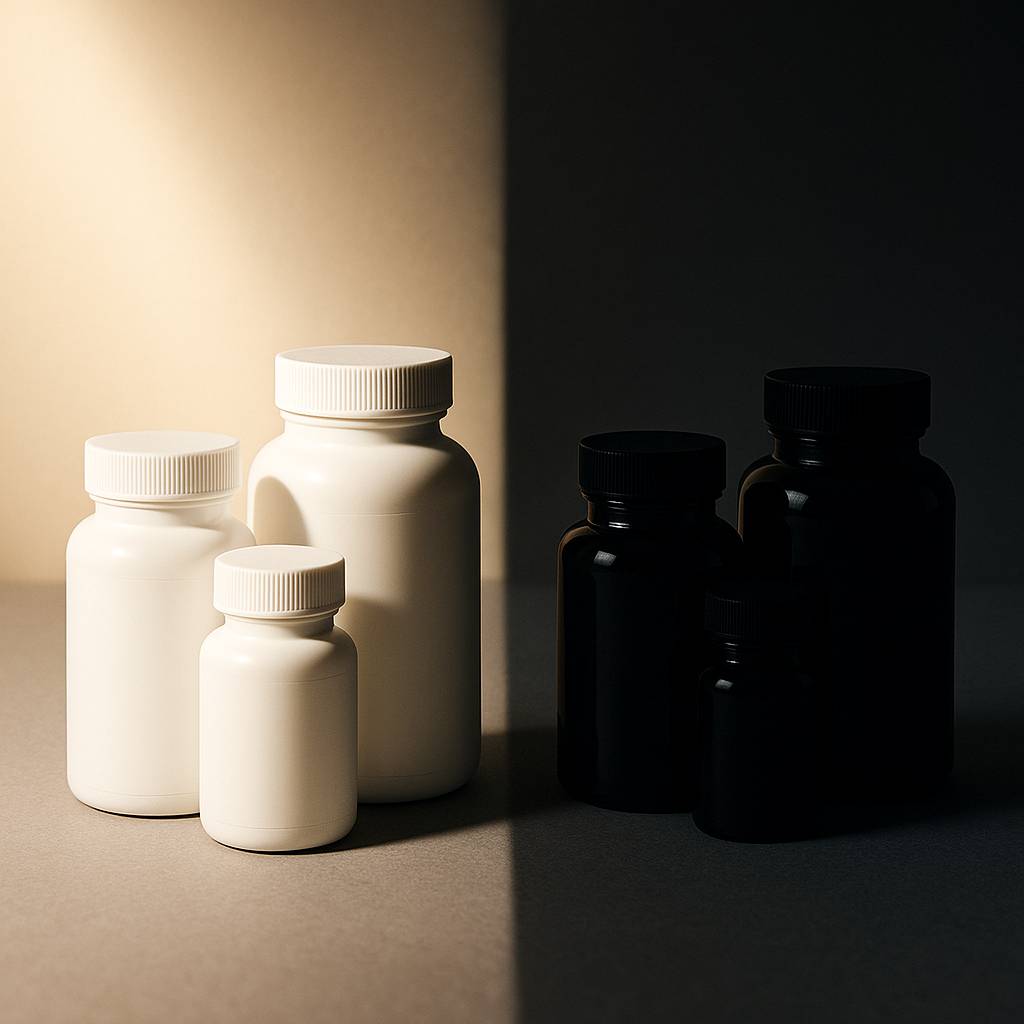 "Contrast of bright supplement bottles and shadowy unmarked containers symbolizing regulation of over-the-counter performance enhancers."