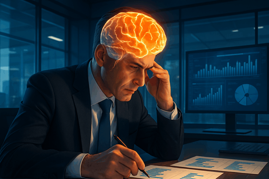 Corporate manager brainstorming at desk with brain-boosting foods illustrating Top Natural Foods That May Support Decision Making in Business Management and Boost Manager Decisions