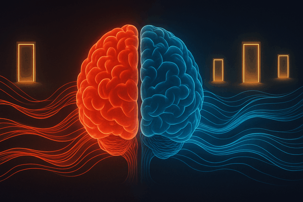 "Person standing at crossroads inside a glowing brain landscape, representing complex thought pathways in decision making psychology."
