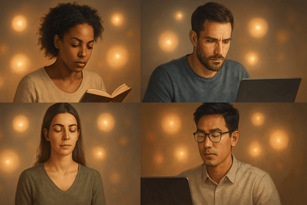 Diverse group of people engaged in focused tasks like reading, meditating, and working at computers, visually representing enhanced cognitive states—ideal for illustrating RediMind vs Alpha Brain benefits.
