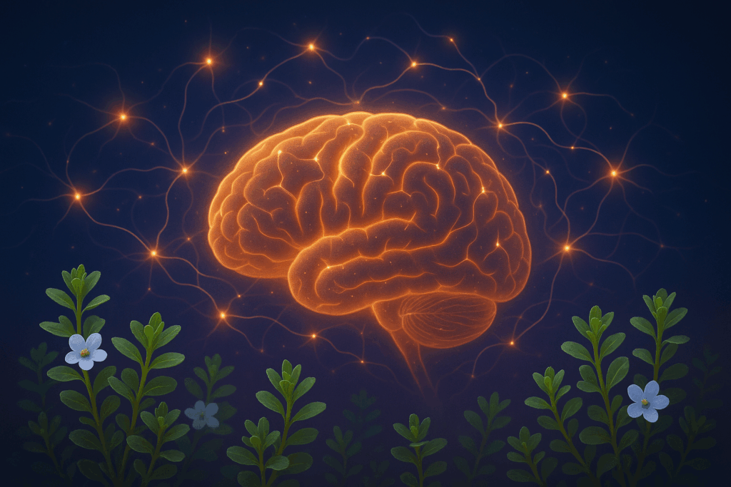 "Where to buy Bacopa Monnieri: A visual metaphor of a brain with glowing neural connections representing the cognitive and memory-enhancing effects of Bacopa Monnieri."
