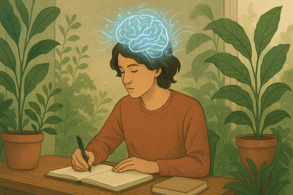 "Common Pitfalls to Avoid When Buying Bacopa Monnieri: A person working in a calm environment with glowing brainwaves, emphasizing Bacopa's cognitive benefits and its role in supporting advanced brain power."