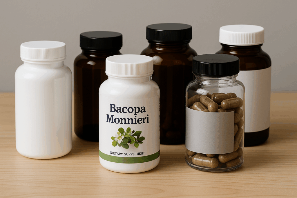"Display of Bacopa monnieri supplement bottles with clear labeling, showcasing the importance of knowing where to buy Bacopa monnieri with transparent details."