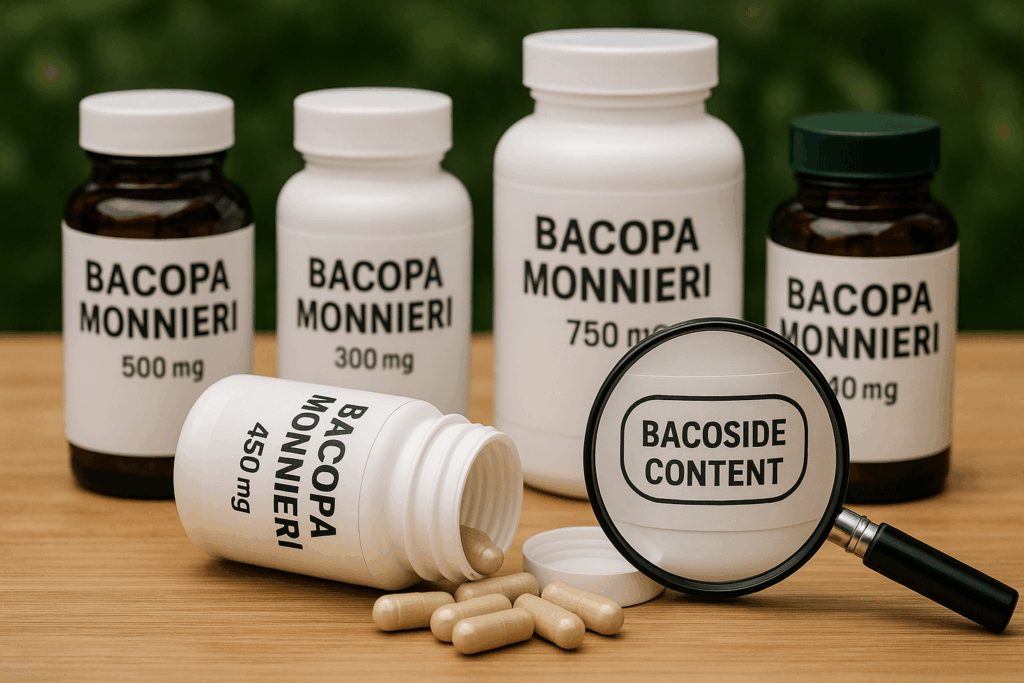 "Where to buy Bacopa Monnieri – Different Bacopa Monnieri supplement bottles on a table, with focus on bacoside content and product quality."